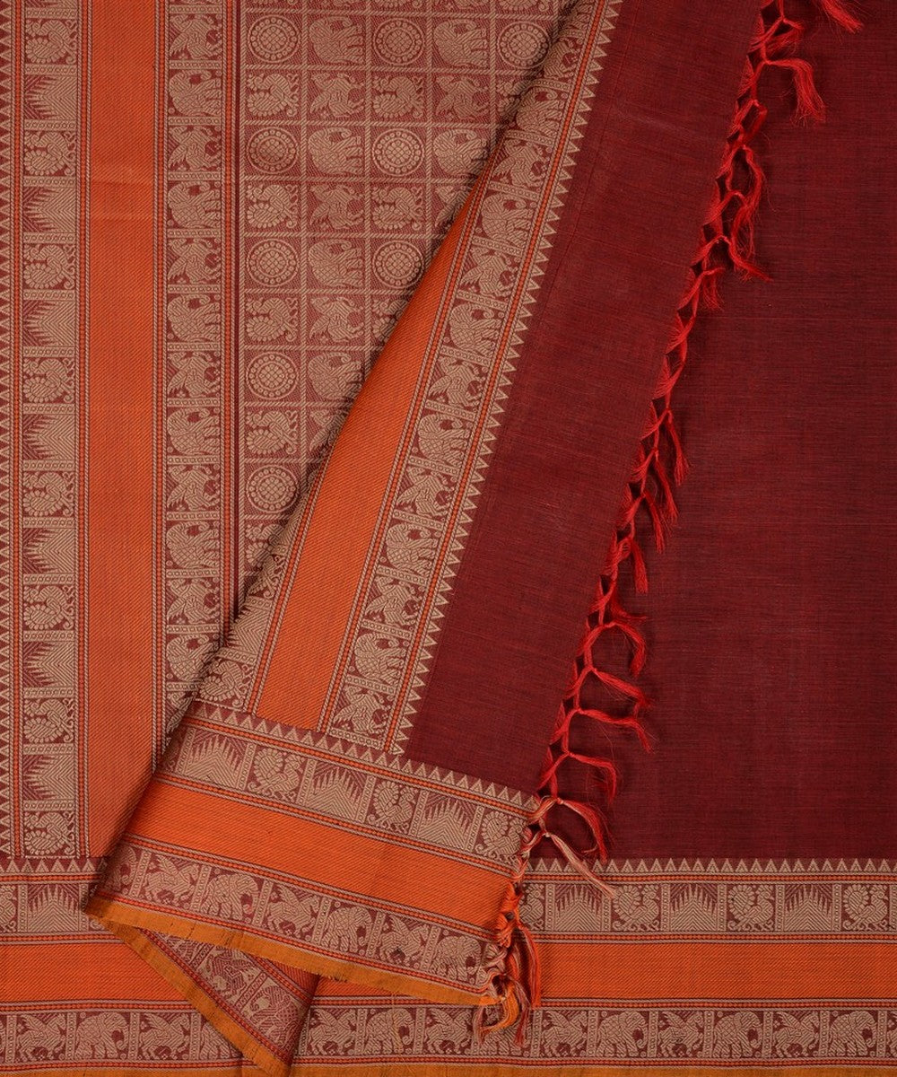 Maroon orange handwoven kanchi cotton saree