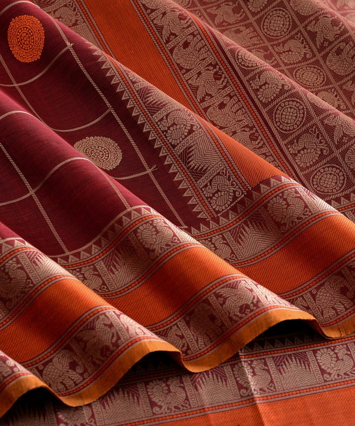 Maroon orange handwoven kanchi cotton saree
