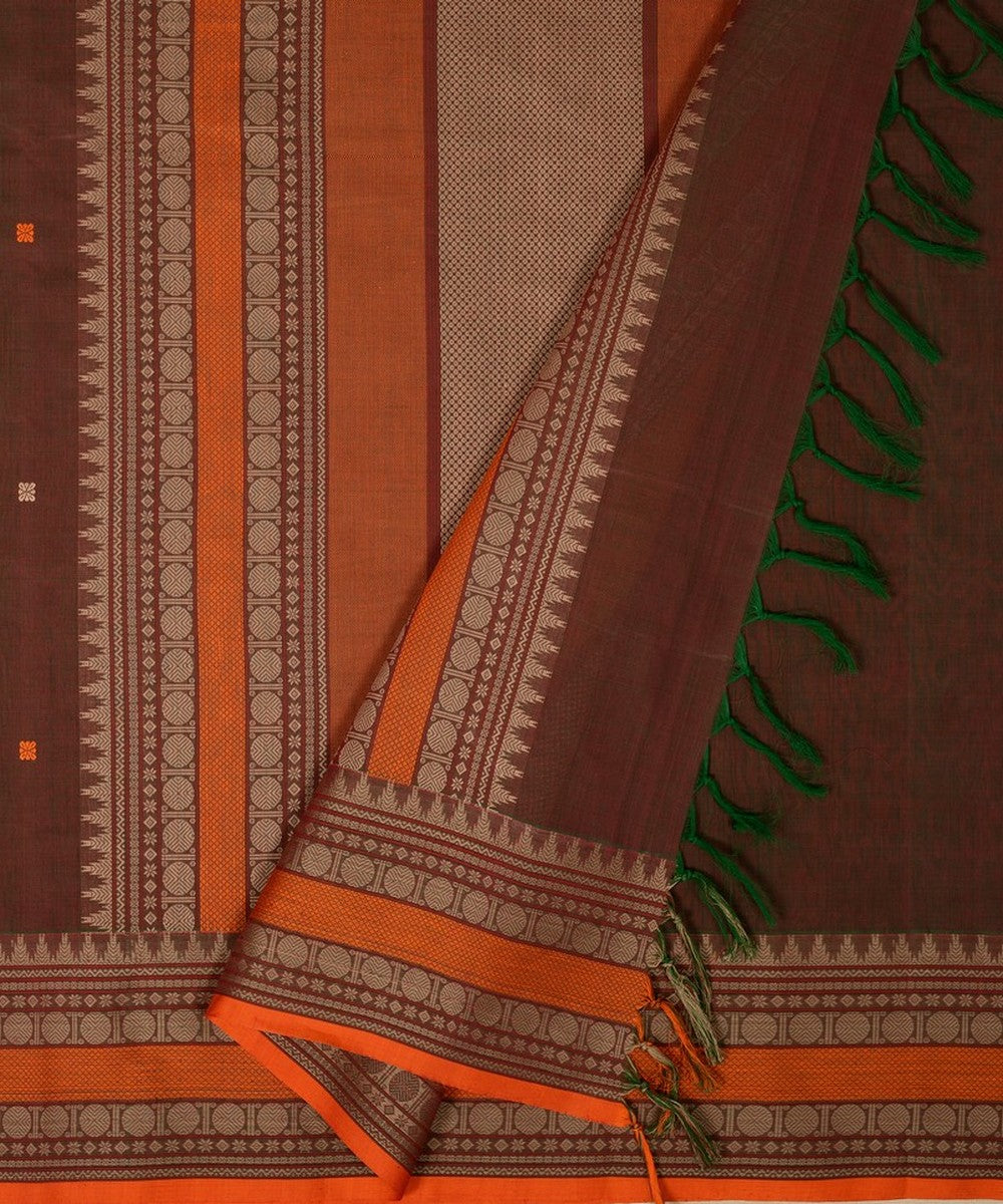 Olive green mantuzhir butta handwoven kanchi cotton saree