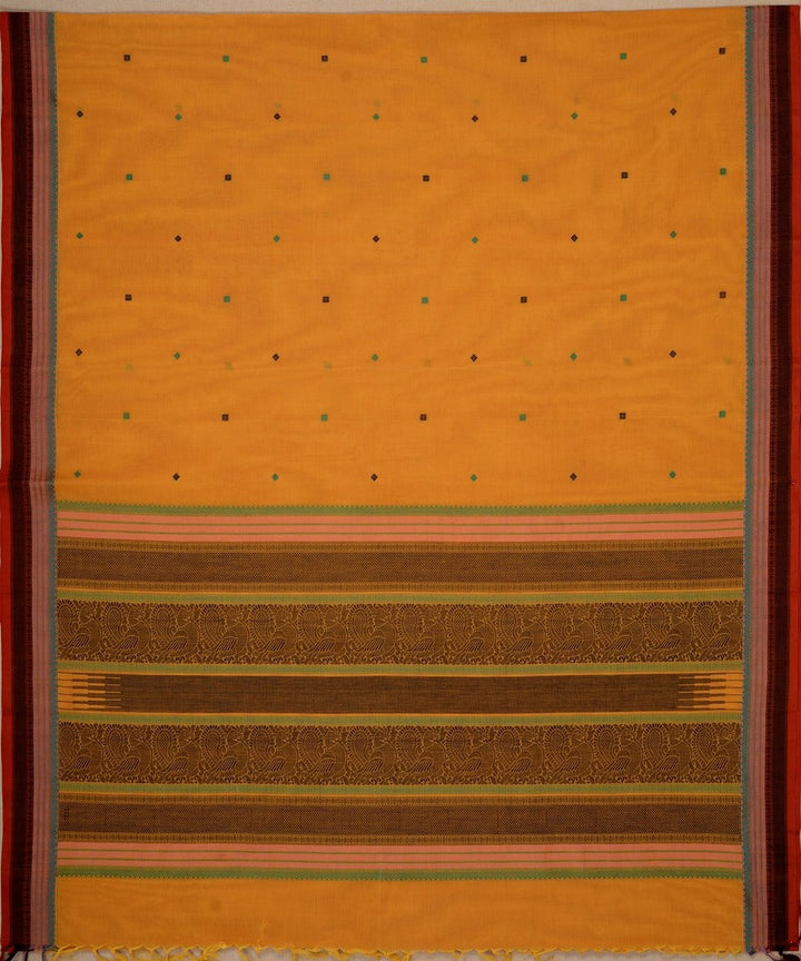 Yellow orange with black butta handwoven kanchi cotton saree
