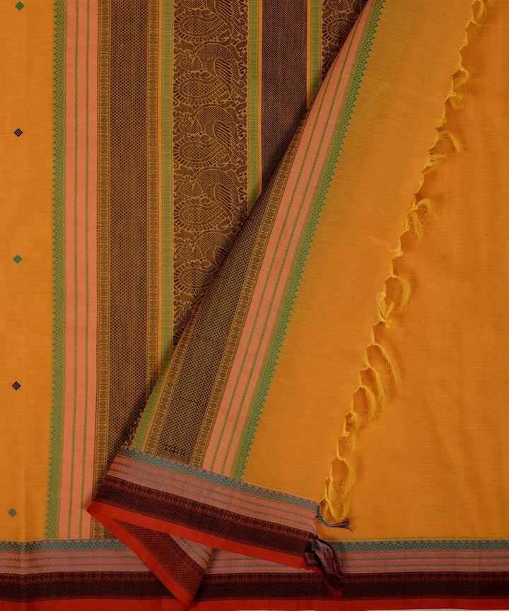 Yellow orange with black butta handwoven kanchi cotton saree