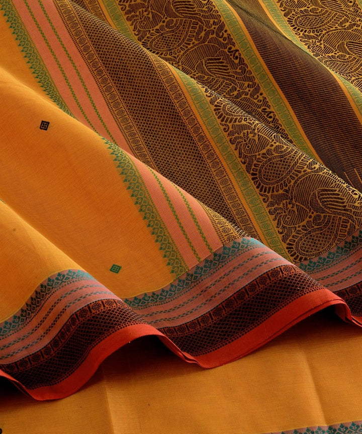 Yellow orange with black butta handwoven kanchi cotton saree