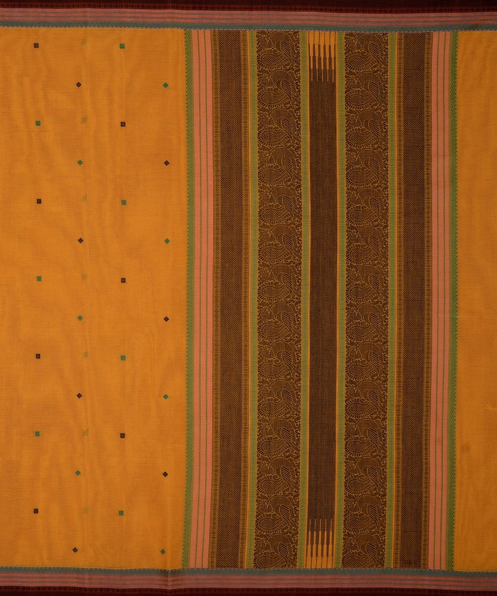 Yellow orange with black butta handwoven kanchi cotton saree
