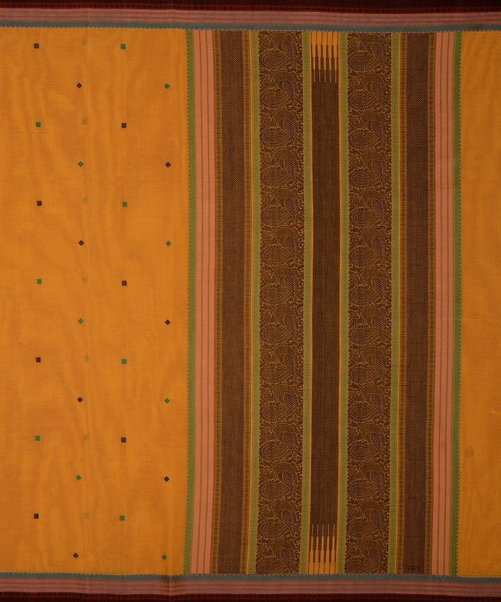 Yellow orange with black butta handwoven kanchi cotton saree