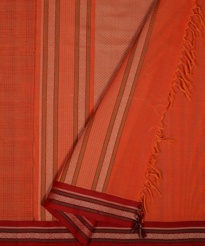 Orange checks handwoven kanchi cotton saree