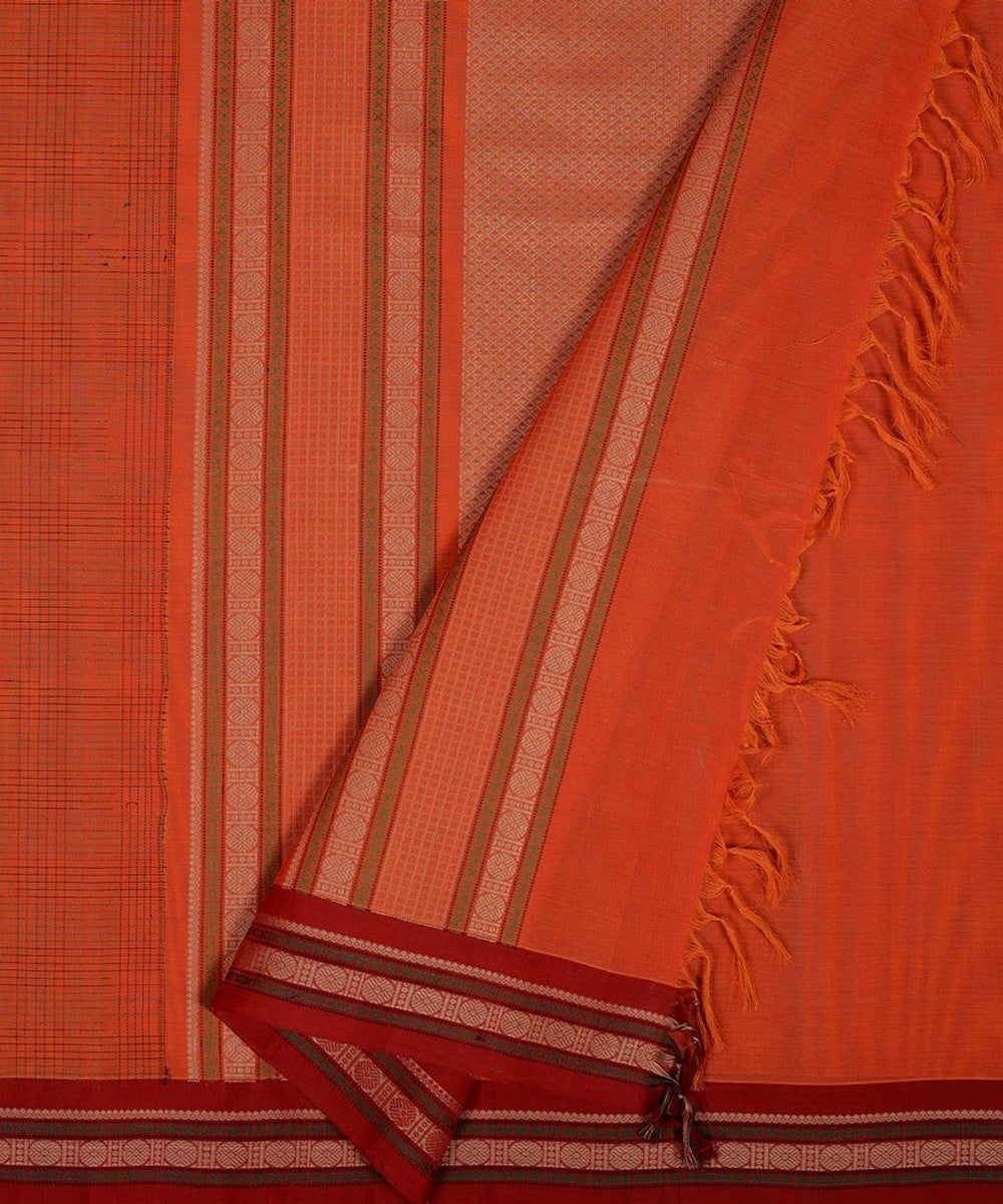 Orange checks handwoven kanchi cotton saree
