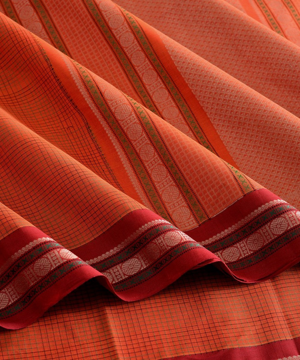 Orange checks handwoven kanchi cotton saree