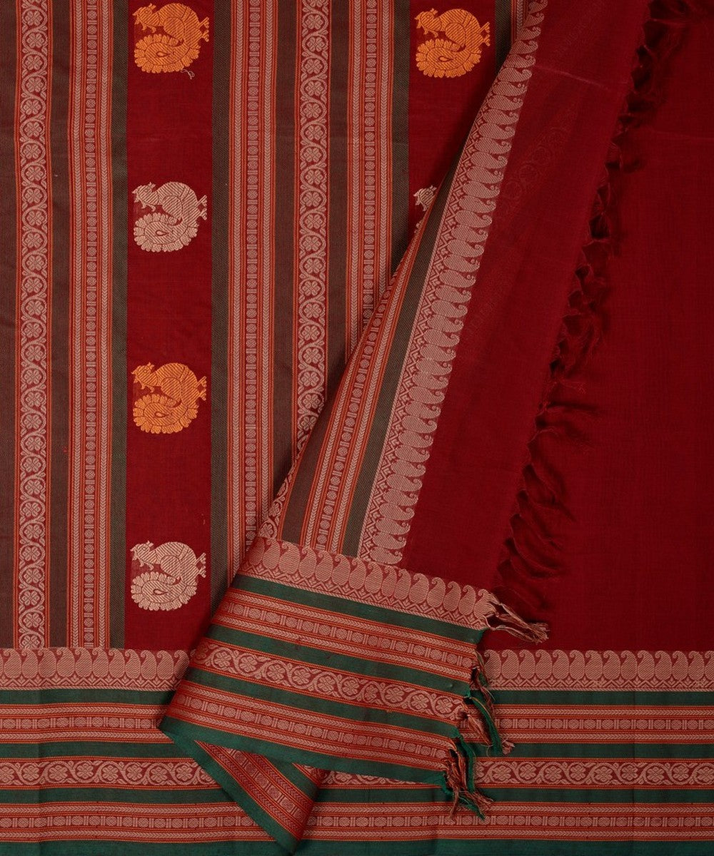 Maroon green butta handwoven kanchi cotton saree