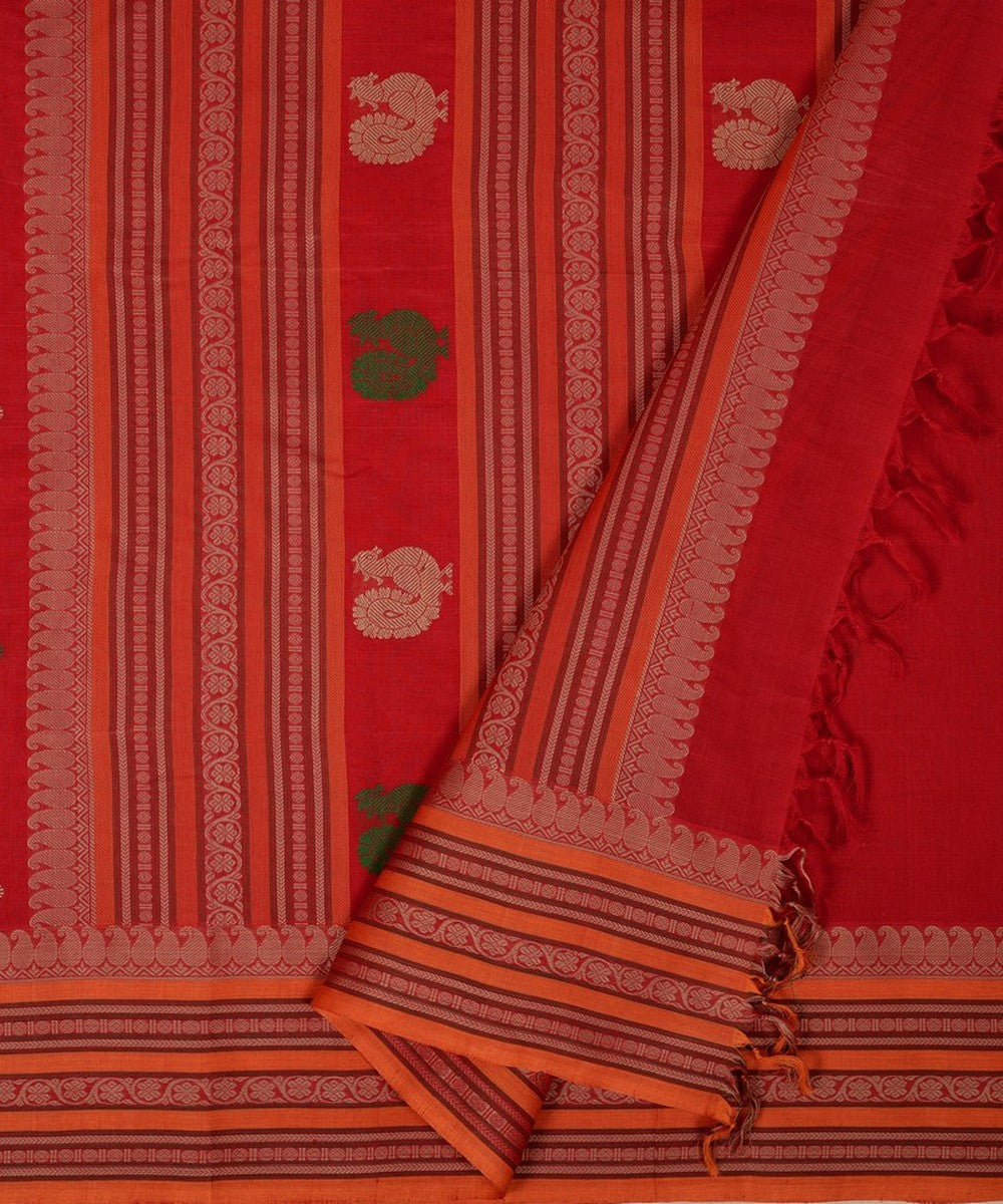 Red beige butta handwoven kanchi cotton saree