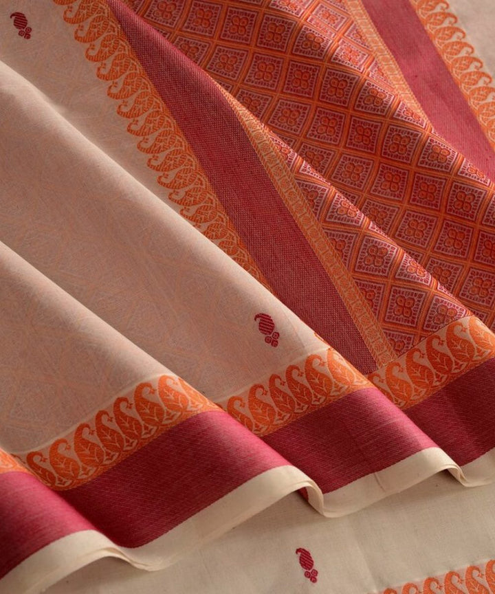 Cream red butta handoom kanchi cotton saree