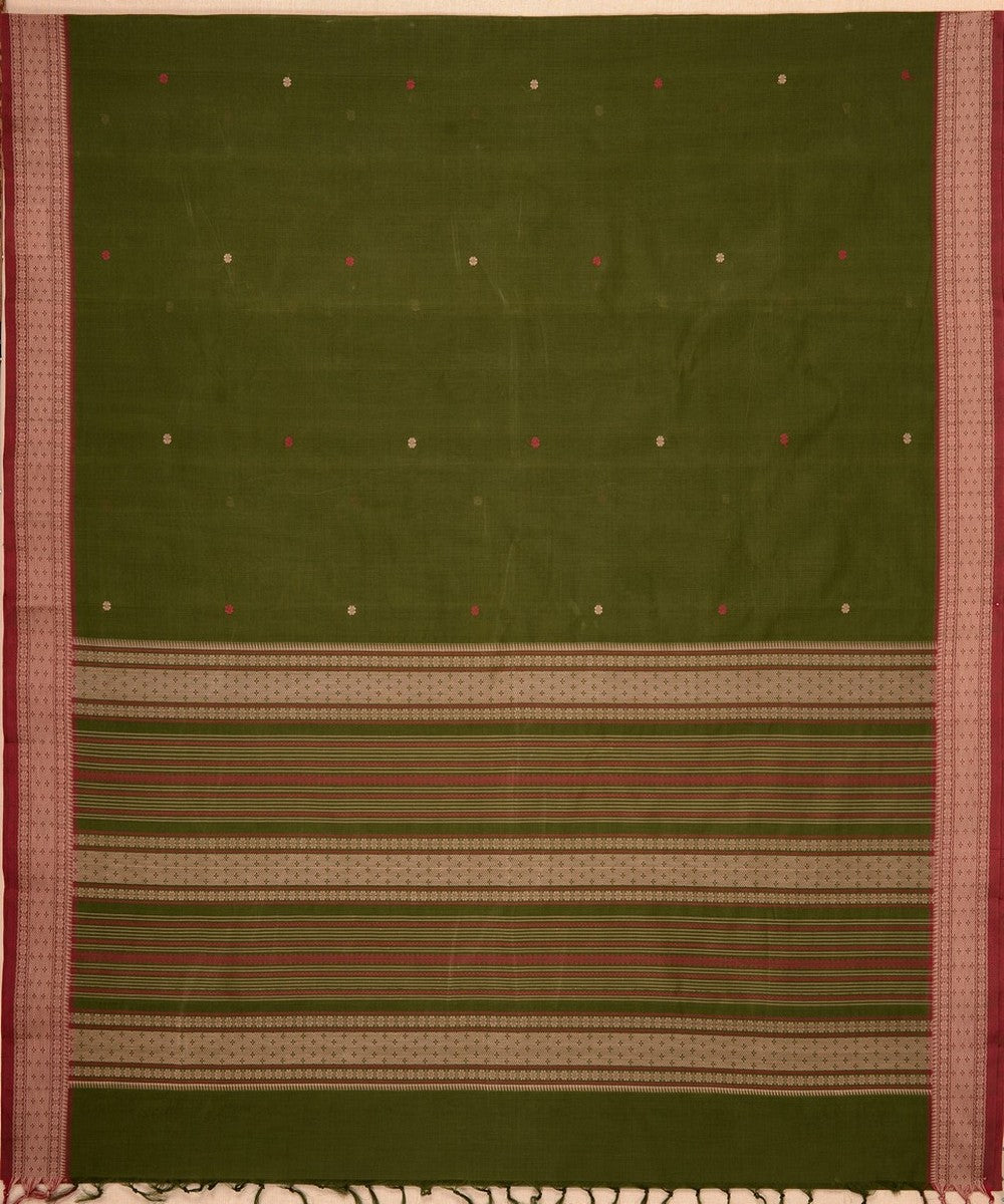 Dark mehendi green beige butta handwoven kanchi cotton saree