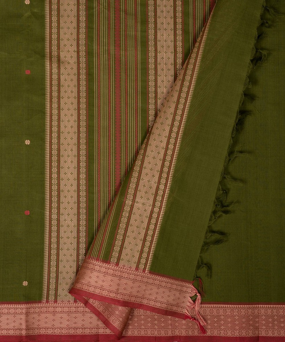 Dark mehendi green beige butta handwoven kanchi cotton saree