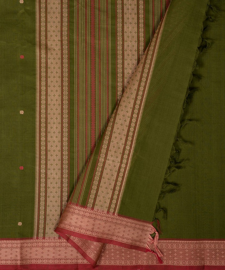 Dark mehendi green beige butta handwoven kanchi cotton saree