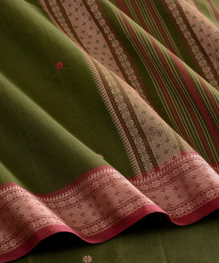 Dark mehendi green beige butta handwoven kanchi cotton saree