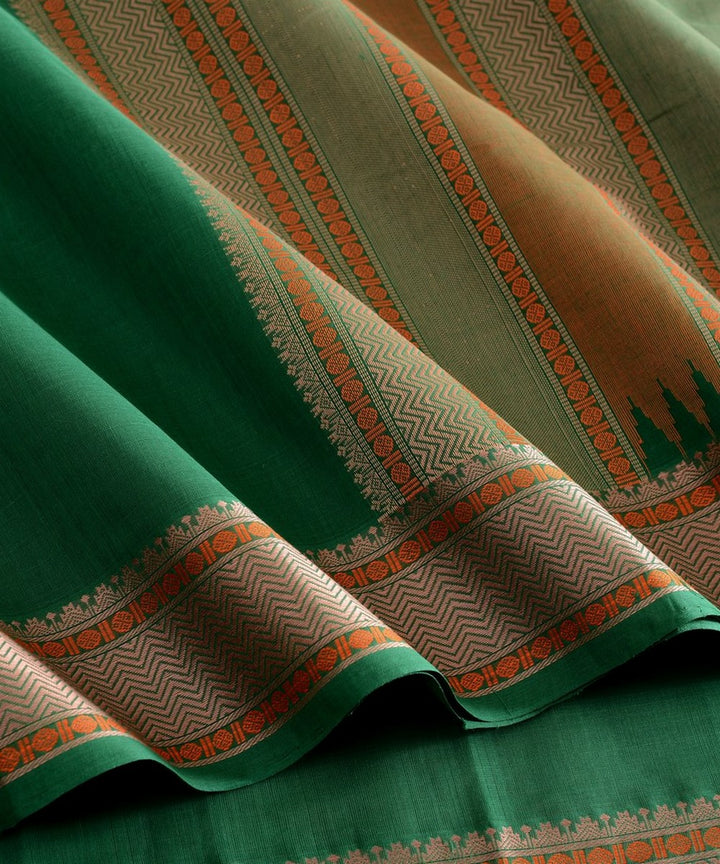 Dark green beige handwoven kanchi cotton saree