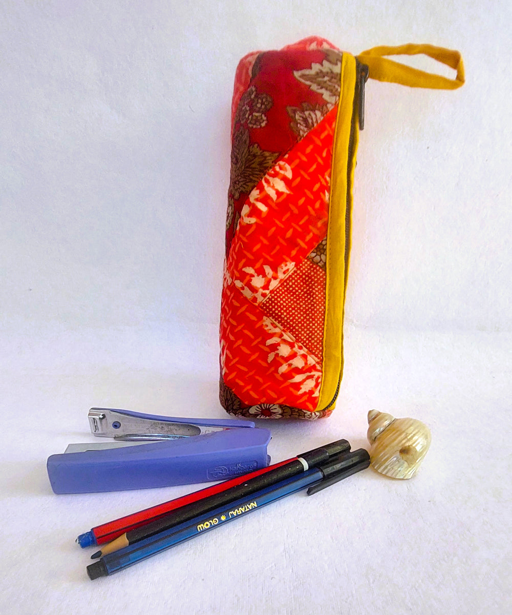 Red handcrafted cotton pencil pouch