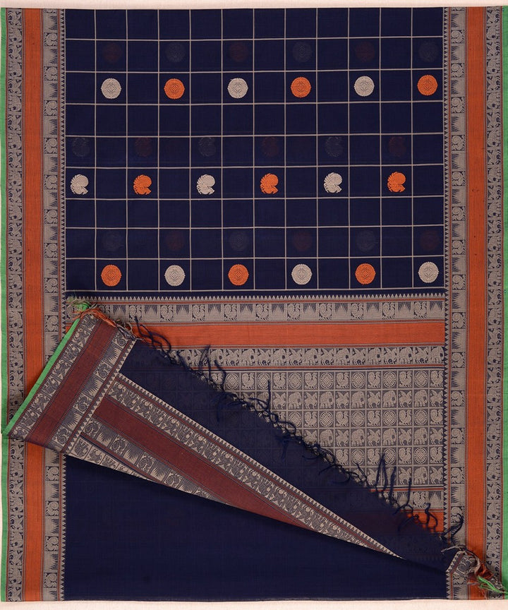 Navy blue checks handwoven kanchi cotton saree
