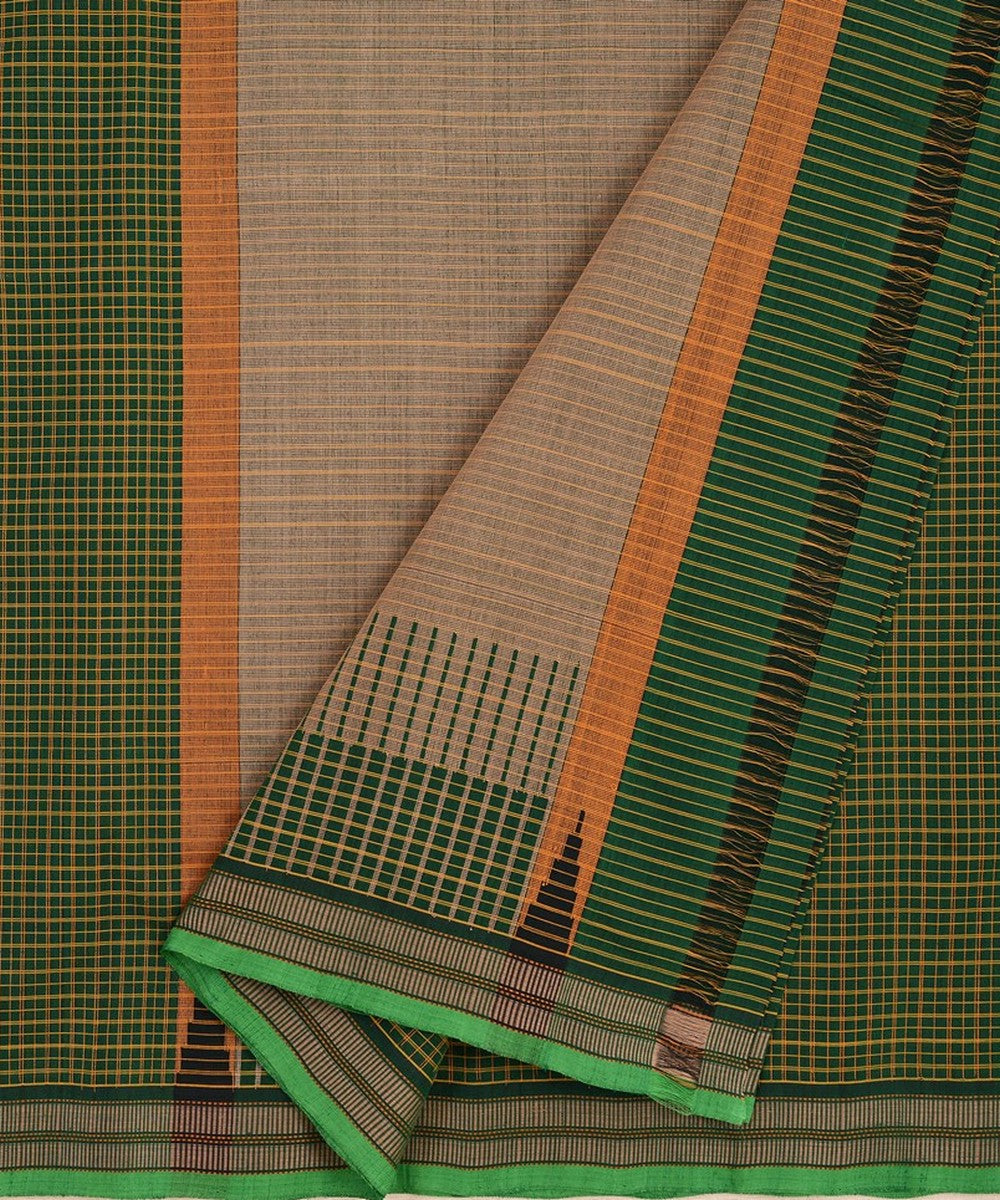 Dark green checks handwoven kanchi cotton saree