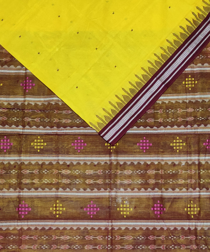 Bright yellow maroon cotton handloom bomkai saree