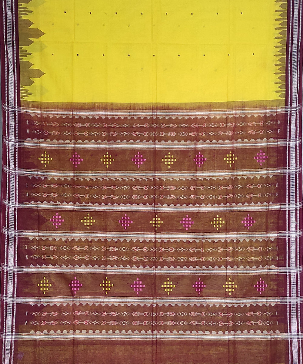 Bright yellow maroon cotton handloom bomkai saree