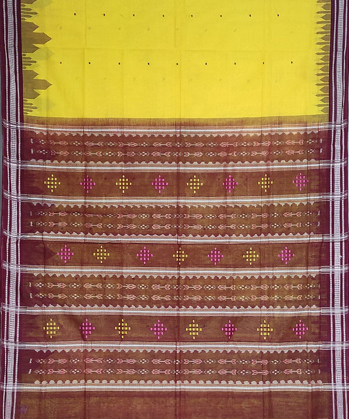 Bright yellow maroon cotton handloom bomkai saree