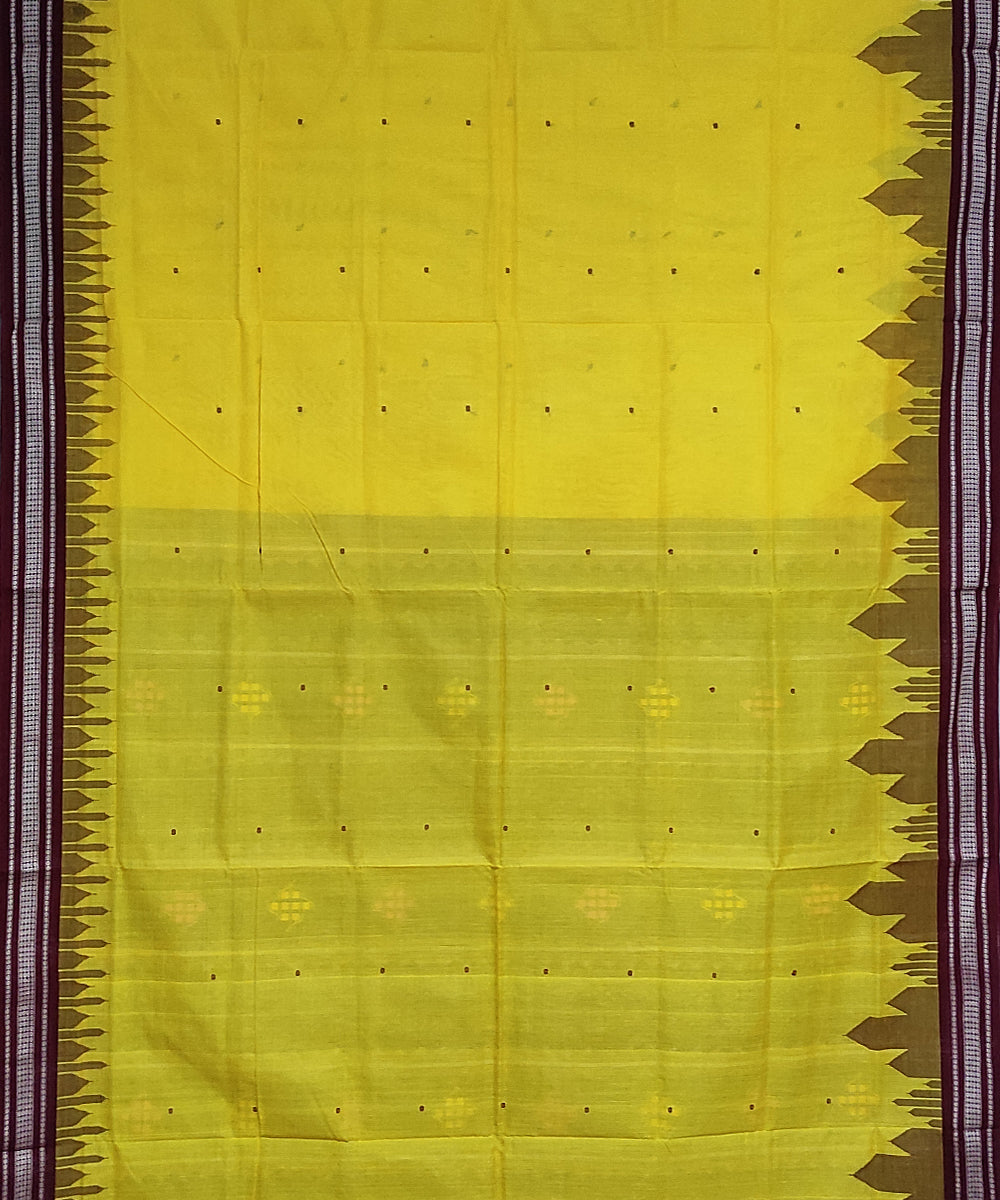 Bright yellow maroon cotton handloom bomkai saree