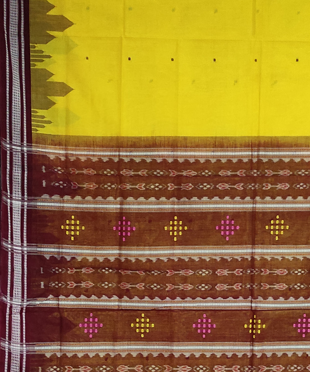 Bright yellow maroon cotton handloom bomkai saree