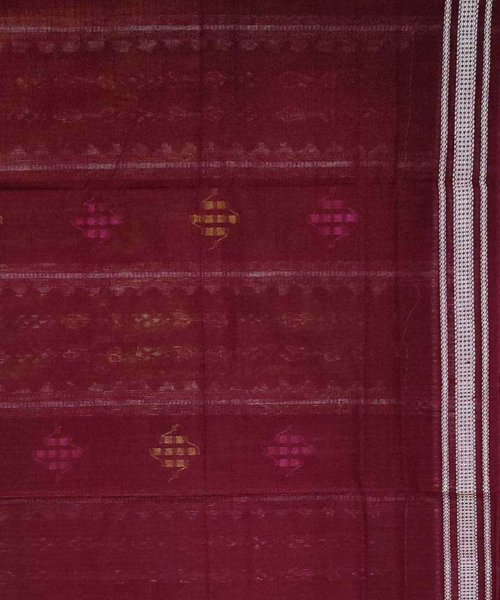Bright yellow maroon cotton handloom bomkai saree