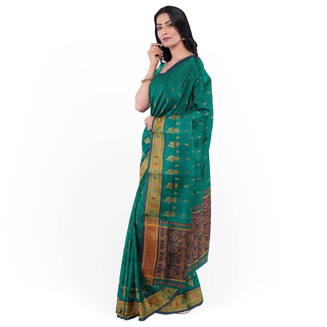 Teal green handloom cotton venkatagiri saree