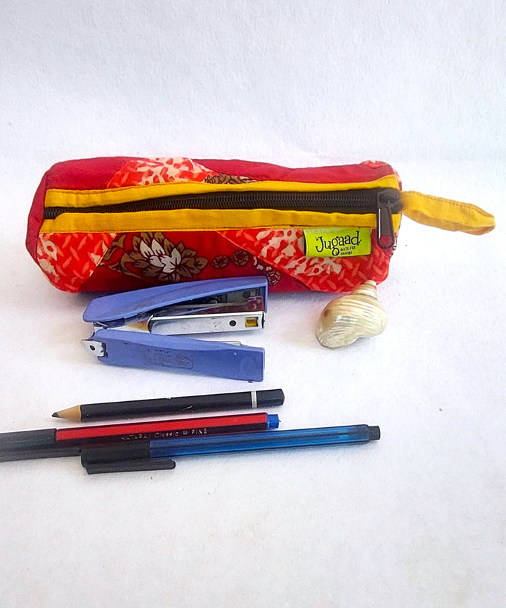 Red and yellow handcrafted cotton pencil pouch
