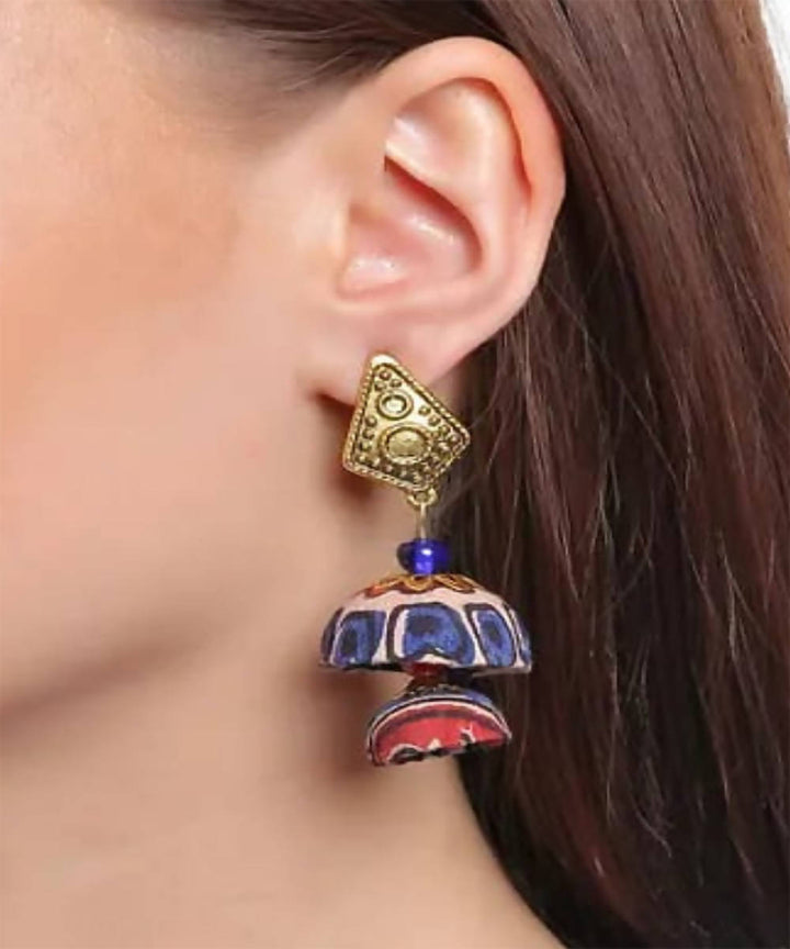 creme indigo red double jhumka pattern earring