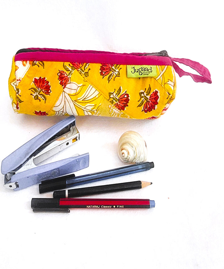 Yellow handcrafted cotton pencil pouch