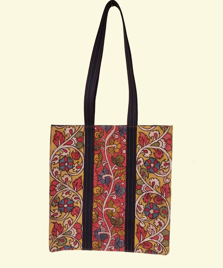 Multicoloured Kalamkari with Black handle Cotton Kalamkari Tote Bag