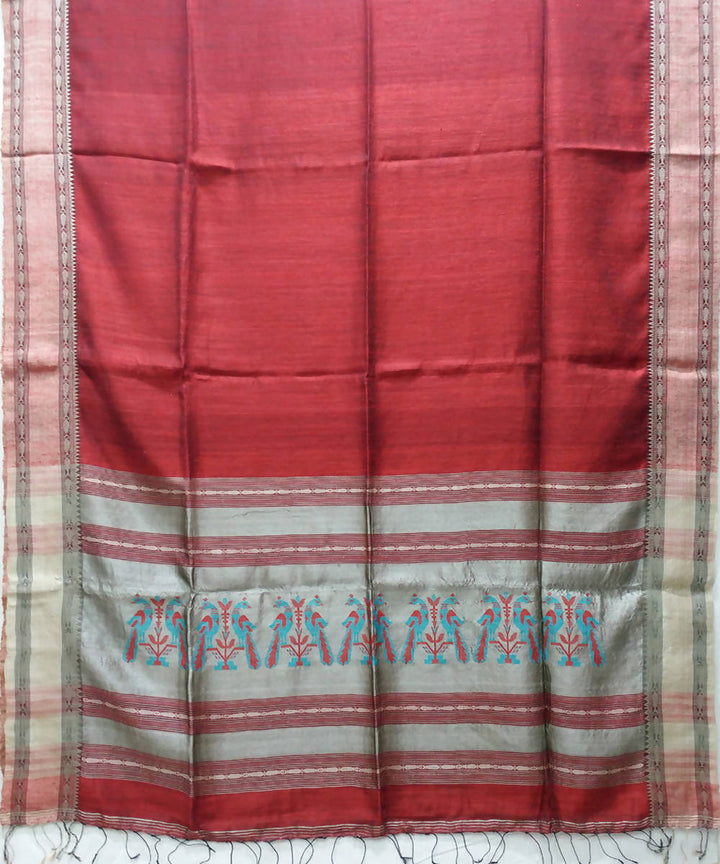 Handwoven bengal tussar silk dark red saree