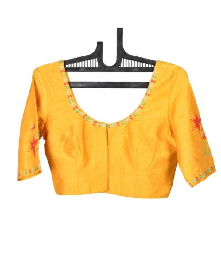Yellow raw silk blouse with embroidery lily motifs