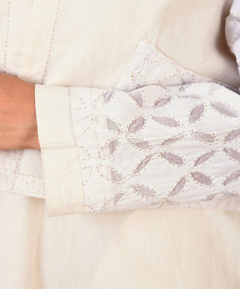 White cutwork kora handcrafted cotton crop jacket