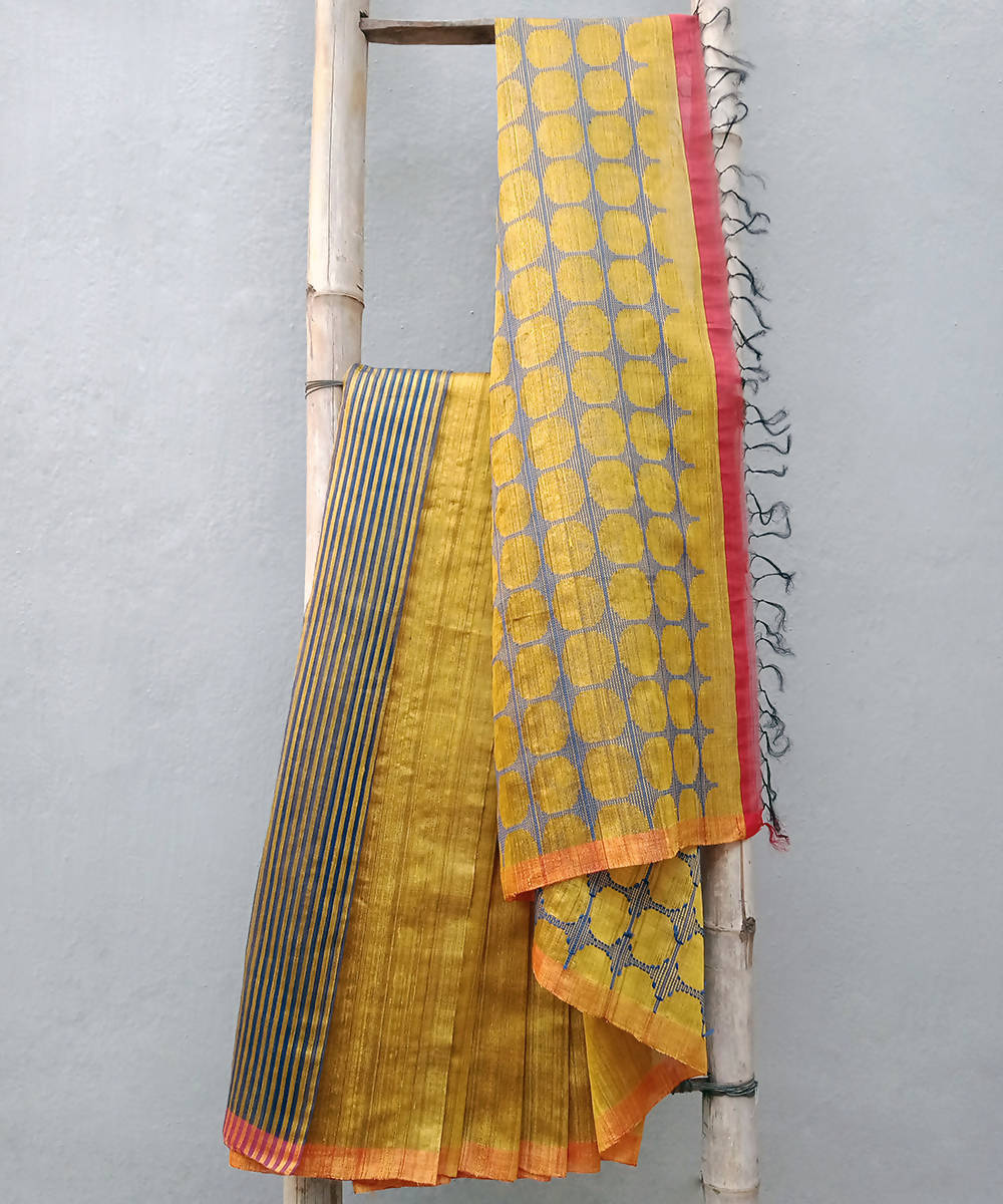 Yellow gold handwoven extra weft silk saree
