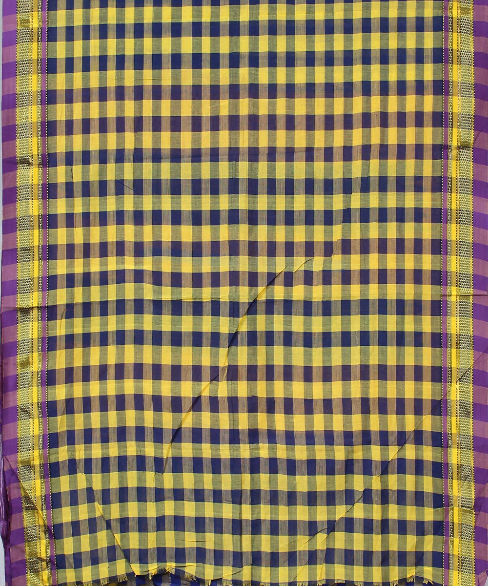 yellow navy checks handloom chikki paras border ilkal saree