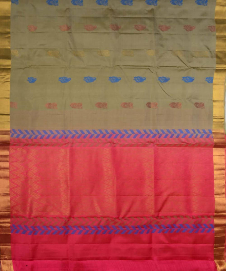 Grey Green Pink Handloom Soft Silk Saree