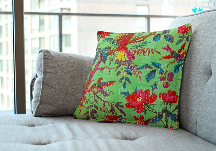 Green kantha work cotton cushion covers (set of 2)