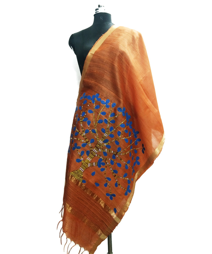 Golden orange godana art hand painted silk dupatta