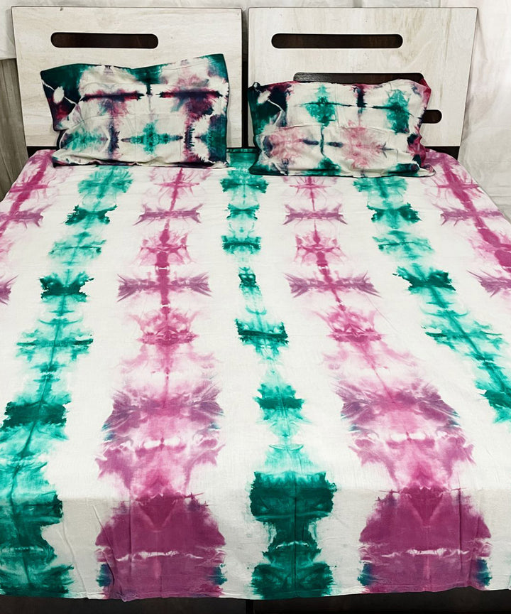 White green pink tie dye cotton handwoven bedsheet