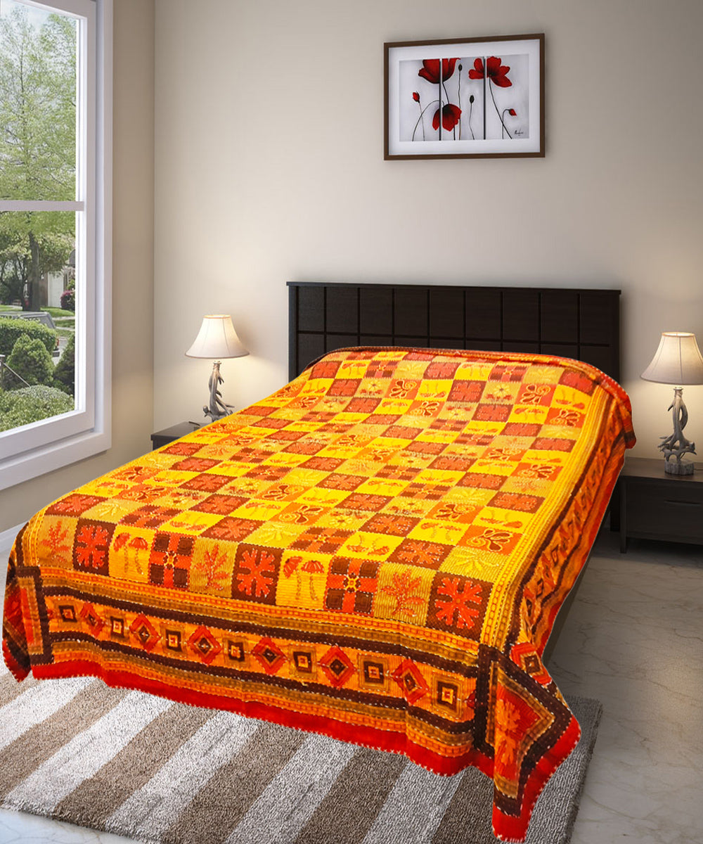 Yellow red kantha work double layered cotton bed cover
