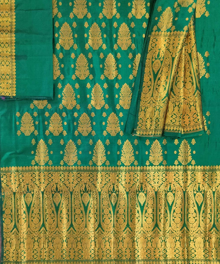 Dark green golden mulberry silk handwoven assam mekhela chador