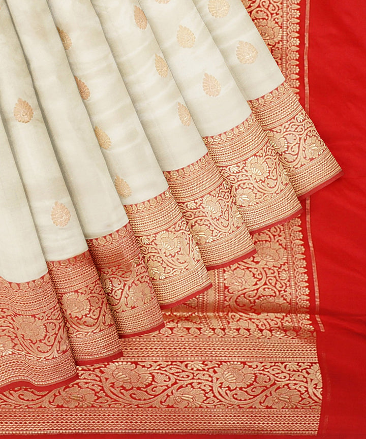Cream and red silk handloom banarasi saree