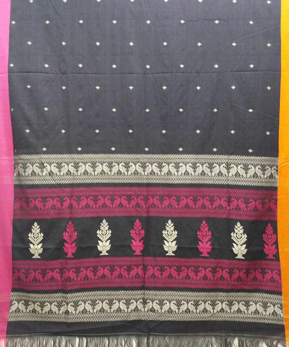 Black and pink handspun handwoven cotton bengal saree