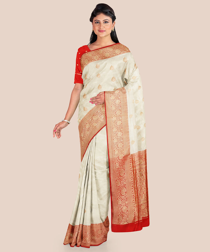 Cream and red silk handloom banarasi saree