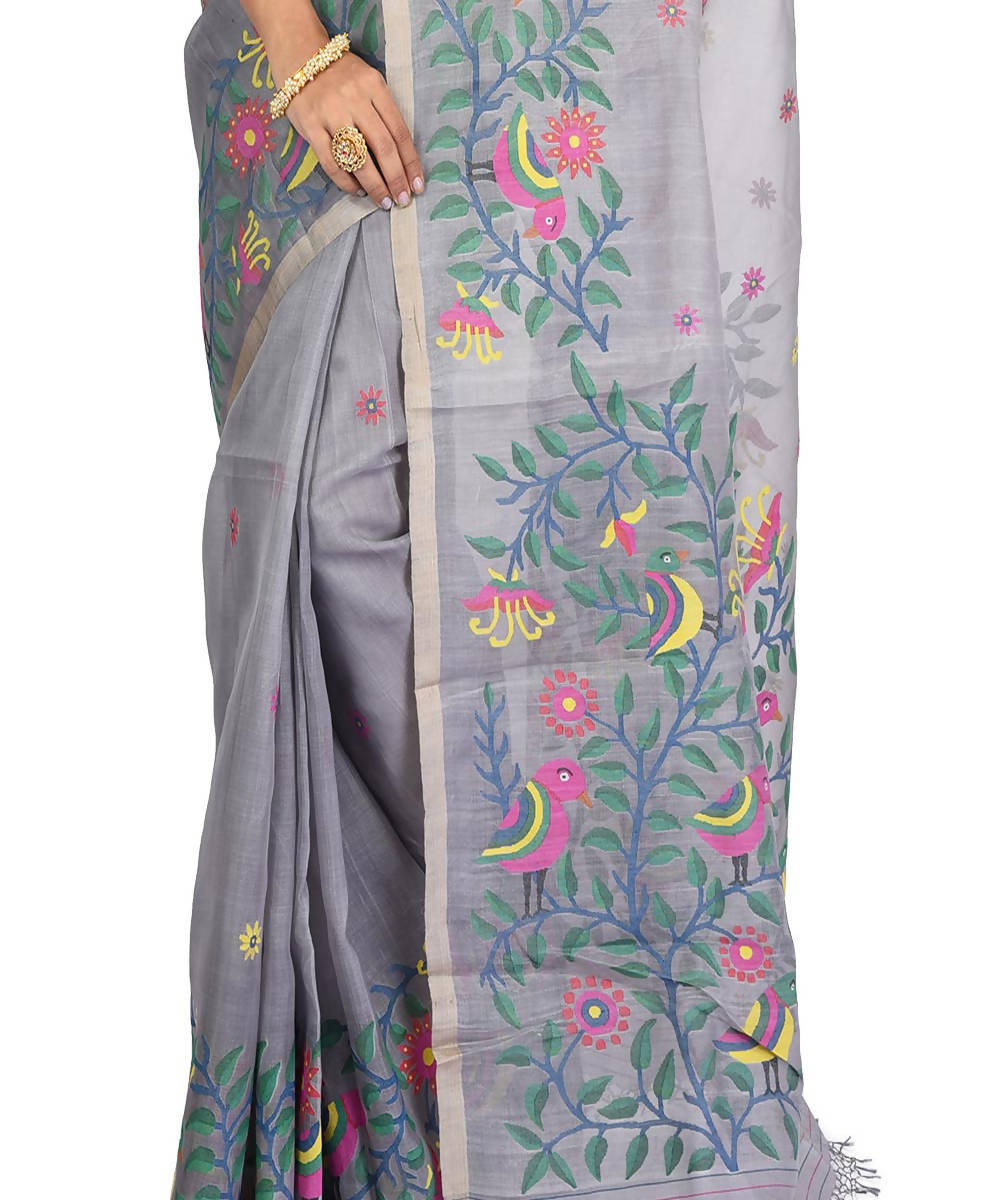 Steel grey bengal handloom mulberry silk jamdani saree