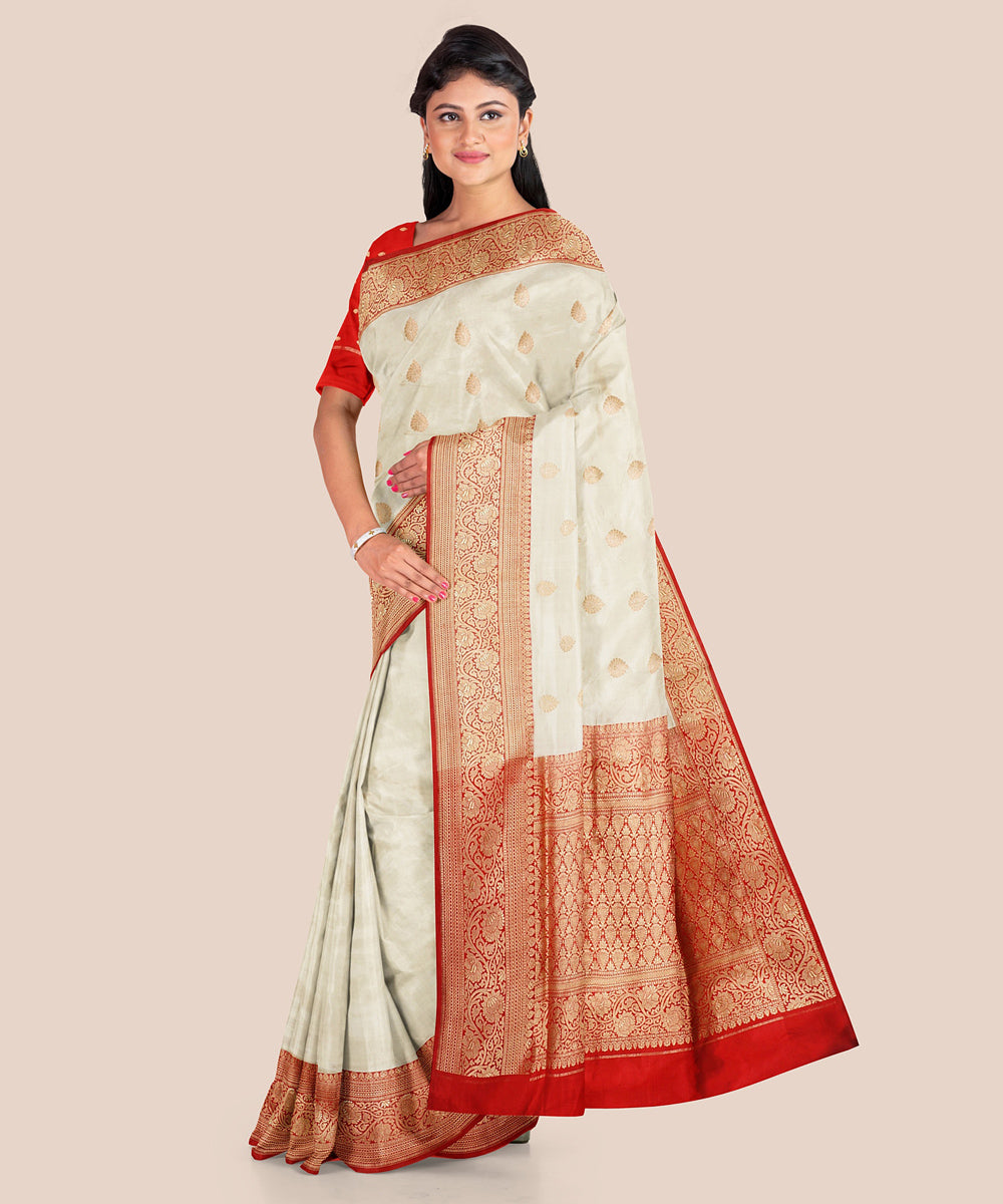 Cream and red silk handloom banarasi saree