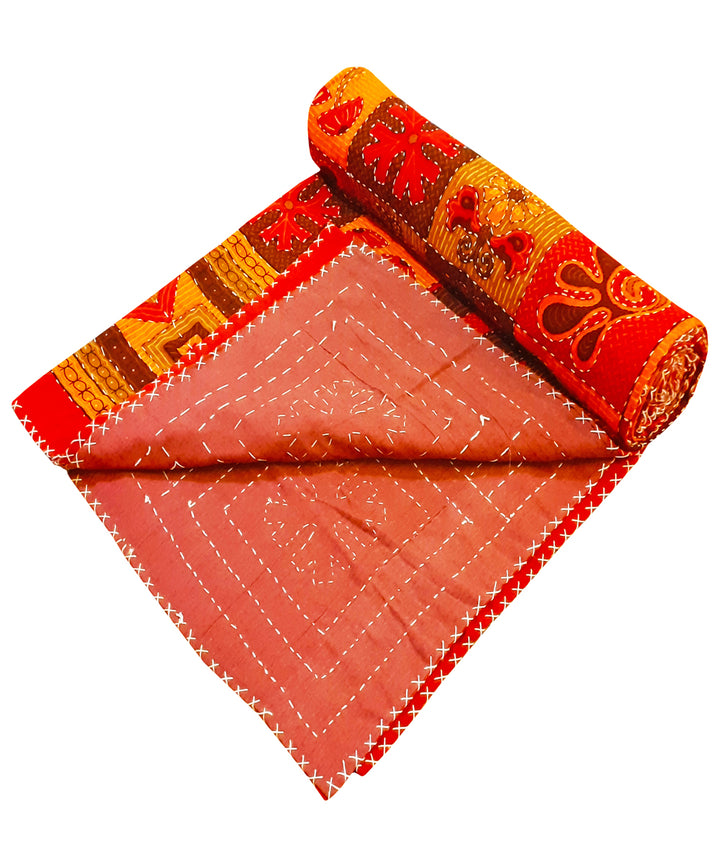 Yellow red kantha work double layered cotton bed cover